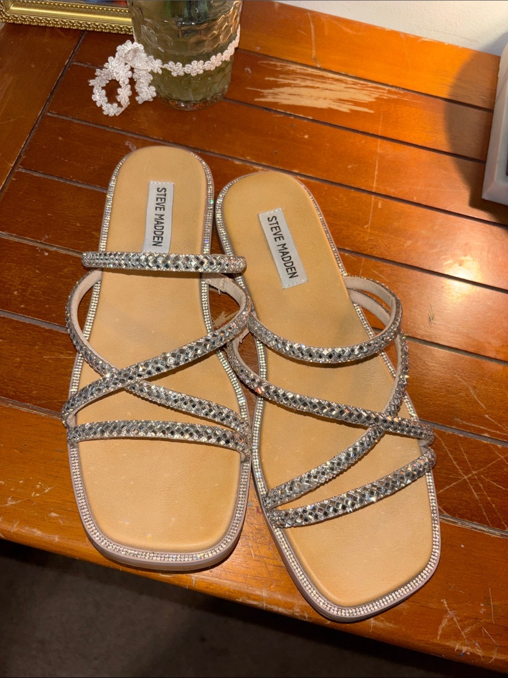 Steve Madden Silver Rhinestone Strappy Slide Sandals